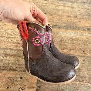Brown Leather Kids Cowboy Boots with Pink Floral Embroidery